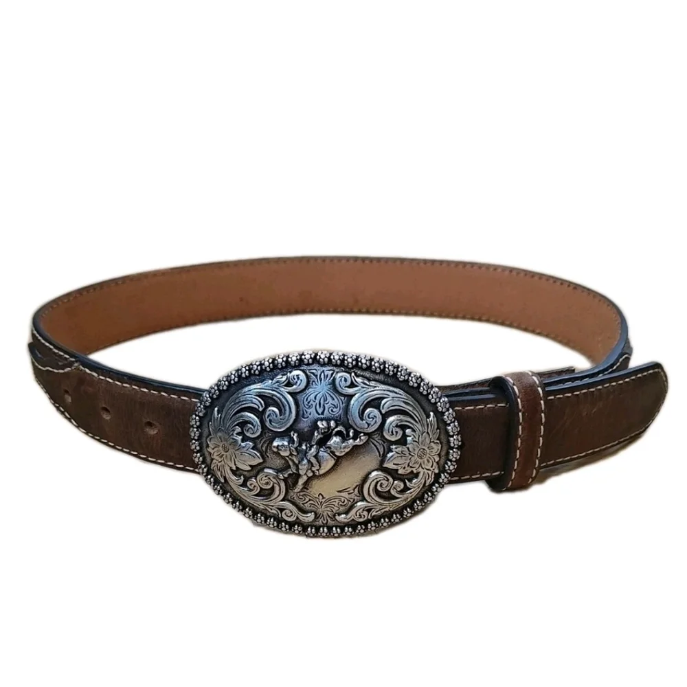Nocona 4421844 3D Bullriders Silver Buckle Brown Leather Belt Boy Sz 24 23-28